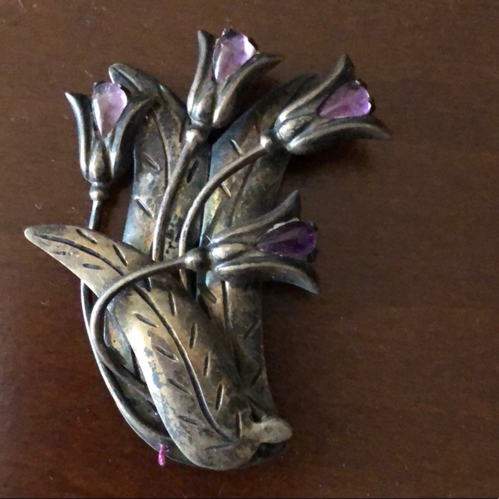 Art Deco Taxco Amethyst & Silver Handworked Floral
